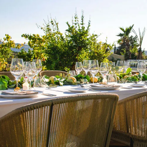 Elegant outdoor dining setup at 7Pines Ibiza Resort for special events.