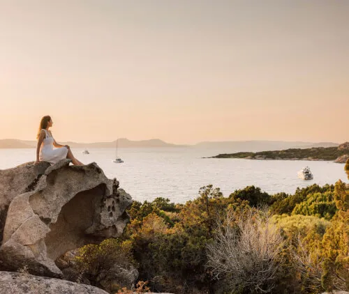 A woman enjoying a scenic view at sunset by the sea.