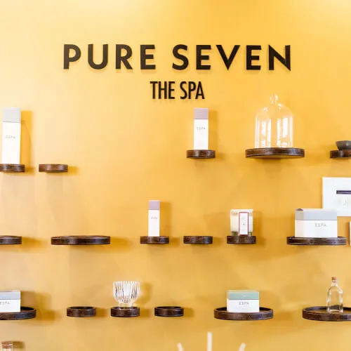 Pure Seven Spa display featuring organic products at 7Pines Hotels & Resorts.