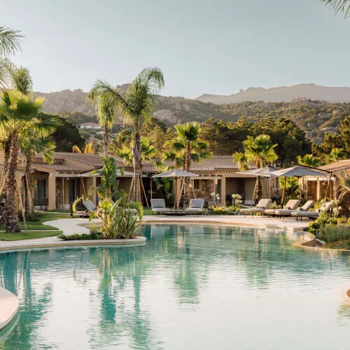 7Pines Sardinia resort's beautiful pool and palm trees, embracing luxury in a Mediterranean paradise.